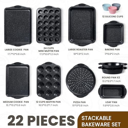 Kikcoin Black 22-Piece Nonstick Bakeware Set with Silicone Handles, Oven Safe, Stackable