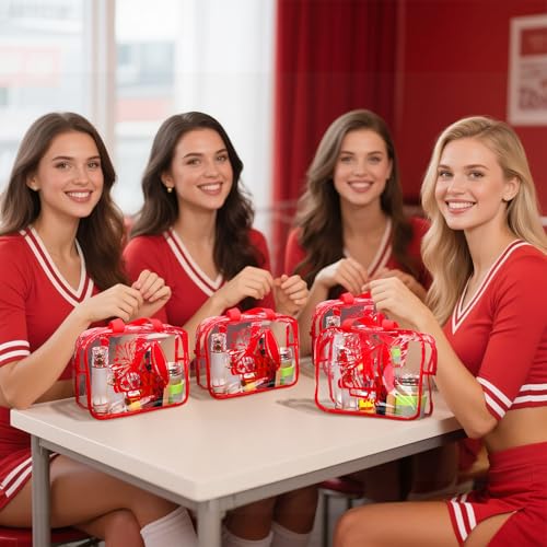 Kacctyen 12 Pcs Cheer Large Clear Toiletry Cosmetic Makeup Bag with Zipper and Handle Cheer Snack Bag Bulk for Team 12 x 9 x 4 Gift Bags Tote Pouch Cheerleading Teammates Party Supplies(Red)