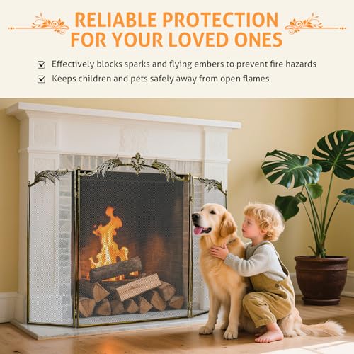 WICHEMI Vintage Style 3-Panel Fireplace Screen 50x32 Inch Bronze - Foldable Safety Guard