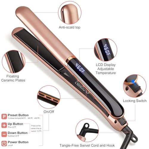 Professional Flat Iron Hair Straightener with Floating Plates & Adjustable Temp
