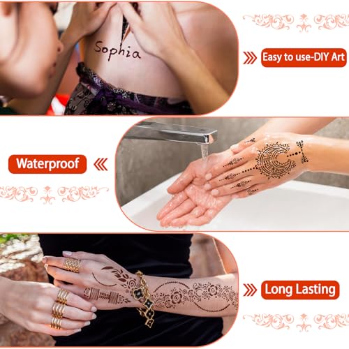 Temporary Stencils Tattoos Kit, 6 Pcs Tattoo Cones 4 Color (2 Black 2 Brown 1 Maroon 1 Cherry Red) with Gloves Brush Tool,DIY Body Art Skin Painting Designs for Women Men Kids Party Gifts