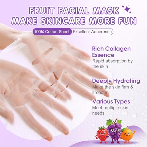 70 Pack Collagen Hydrating Face Masks with Fruit Variations - Skincare Set for Women & Teens