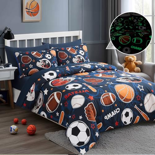 Wink Deer Full Size Ball Glow in the Dark Comforter Set for Boys, 7 Pieces, Sports Ball Pattern