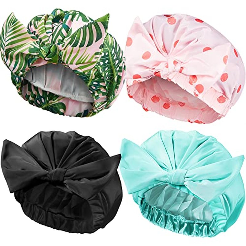 4 Pcs Shower Caps for Women, Waterproof Reusable Shower Hair Caps Bowknot Satin Bath Hair Caps Elastic Hem Turban Shower Bath Caps for Long Short Curly Hair Women Girls (Dot)