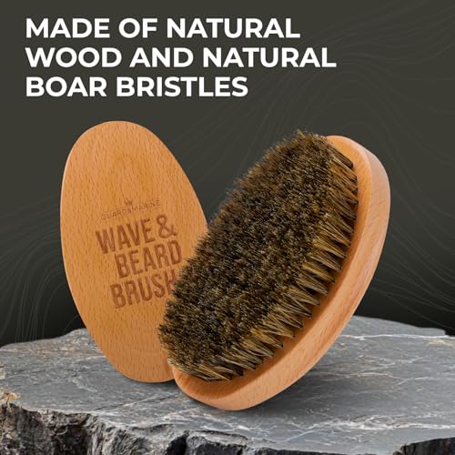 GUARD&MARINE Wave & Beard Brush for Men ? Natural Boar Bristles, Palm Curve Design, Wood Handle ? Shapes 360 Waves & Softens Beard
