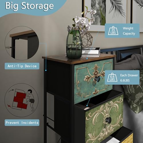 Small Dresser with Retro Flower Fabric Drawers – Multi, 5 Drawers, 11.8 x 16.5 x 45.5 Inches