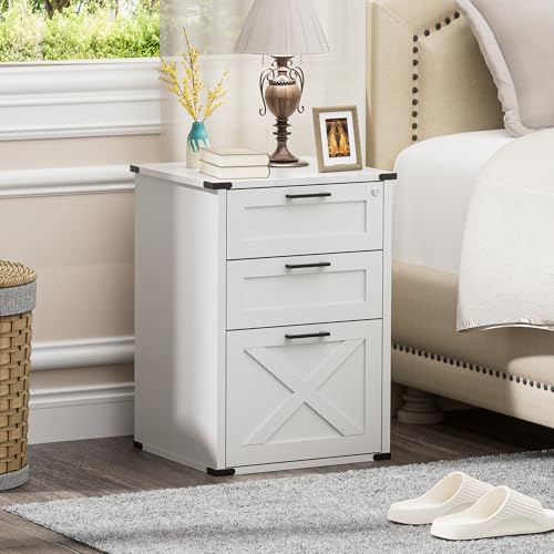 White Small Wood File Cabinet with Charging Station & Lock, 3 Drawers