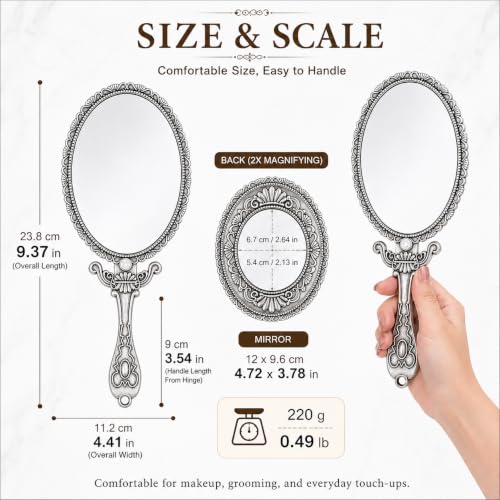 SEHAMANO Vintage Double Sided Handheld Makeup Mirror - Matte Grey (Tin) - Folding Travel & Stand Mirror with Magnification