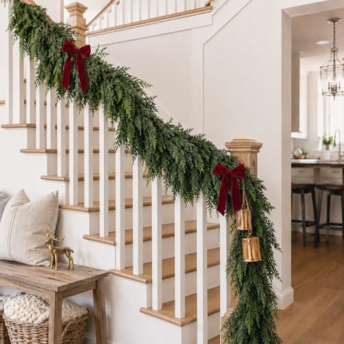 Senjie 9FT 2-Pack Christmas Cedar Garland Real Touch Greenery for Mantle Decor