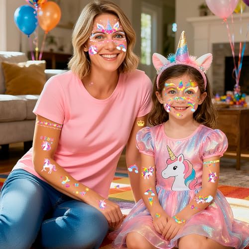HOWAF 4 PCS Halloween Face Tattoos, Unicorn Face Sticker Temporary Tattoos Stickers for Unicorn Costume Carnival Halloween Costume Women Men