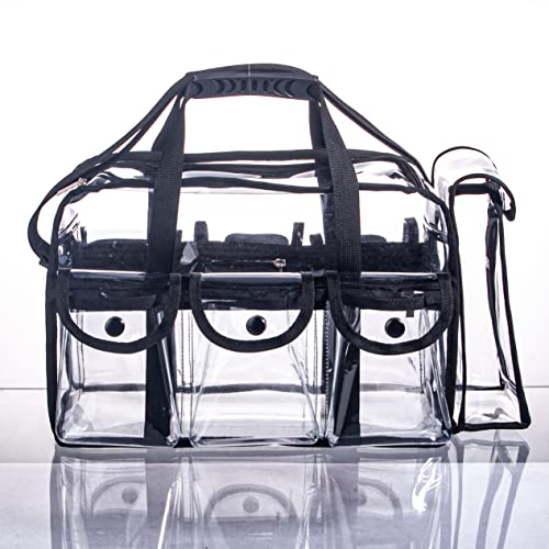 Wide Open Large Professional Clear PVC Travel Makeup Artist Set Bag Cosmetic Nails Beauty Bags Transparent Vinyl Tool Organizer Beach Bags Diaper Bag with 6 External Pockets & Strap (Black)