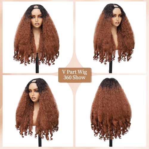 MAHKOTAKU Afro Curly V Part Wig 24 Inch Dark Roots Reddish Brown for Black Women