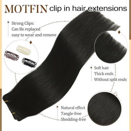 Clip in Hair Extensions - 14 Inch Natural Black Real Human Hair - Variation #1B