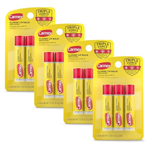 Carmex Classic Medicated Lip Balm Sticks - 12 Count (4 Packs of 3) SPF 15 Lip Moisturizer for Chapped Lips