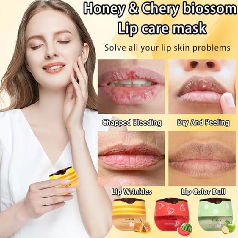 3 Pcs Bee Lip Balm Honey Pot with Stick,Moisturizing Lip Mask Overnight,Day and Night Tinted Sleeping Lip Balm,Hydrating Lip Scrubs Exfoliator & Moisturizer