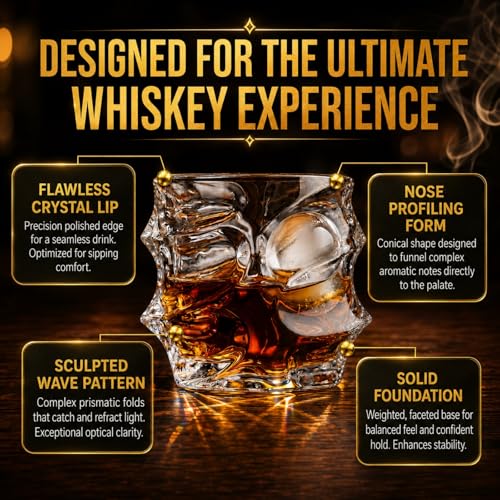 Mountain Whiskey Decanter Set with 4 Tumbler Glasses and Wood Base - Japanese Crystal, Lead-Free, 750ml