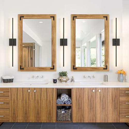 TRAHOME Rustic Brown Wood Framed Bathroom Vanity Mirror 24x36 with Black Metal Mount
