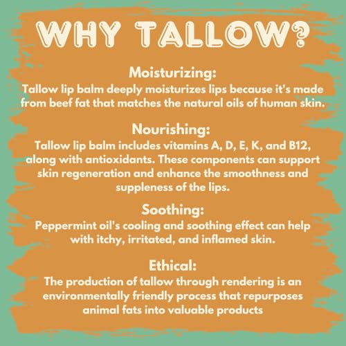 Grass-Fed Tallow Lip Balm with Organic Beeswax and Natural Peppermint Oil - Handmade With Only 3 Ingredients To Lock In Soothing Moisture (4 Pack, Peppermint)