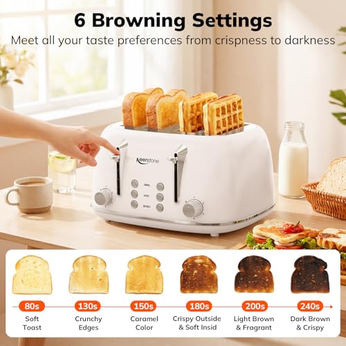 Keenstone 4-Slice Retro Stainless Steel Toaster White - Dual Controls & Wide Slots