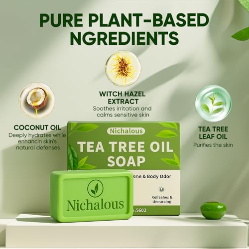Tea Tree Soap, 3PCS Tea Tree Oil Relief Soap Bar - with Tea Tree Oil & Coconut Oil & Witch Hazel, Deep Pore Cleansing, Natural Handmade Foot & Body Soaps for Men & Women (3)