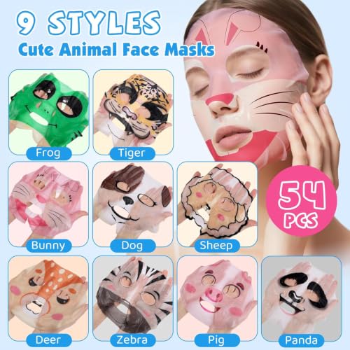Kids Animal Face Mask Set - 54 Pack Cartoon Spa Party Supplies for Girls Teens