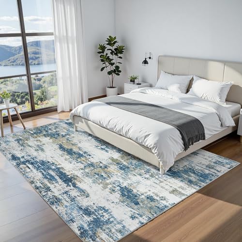 Blue 9x12 Washable Area Rug for Living Room - Soft Abstract Bedroom Carpet