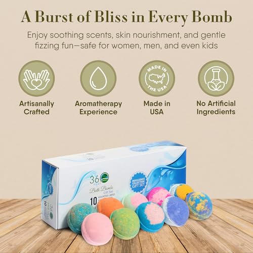 10 Assorted Large Bath Bombs Gift Set - Moisturizing Essential Oil Fizz for Women