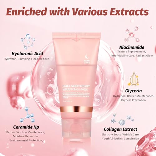Collagen Night Wrapping Peel Off Mask with Brush, Overnight Mask Hydrates and Skin Elasticity, Reduces Sagging and Wrinkles, Hydrating Face Mask is the Ideal Gifts for Women and Teen Girls!