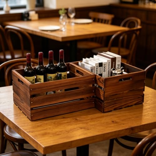 Set of 3 Rustic Wooden Storage Crates with Handles - Dark Brown Farmhouse Decor