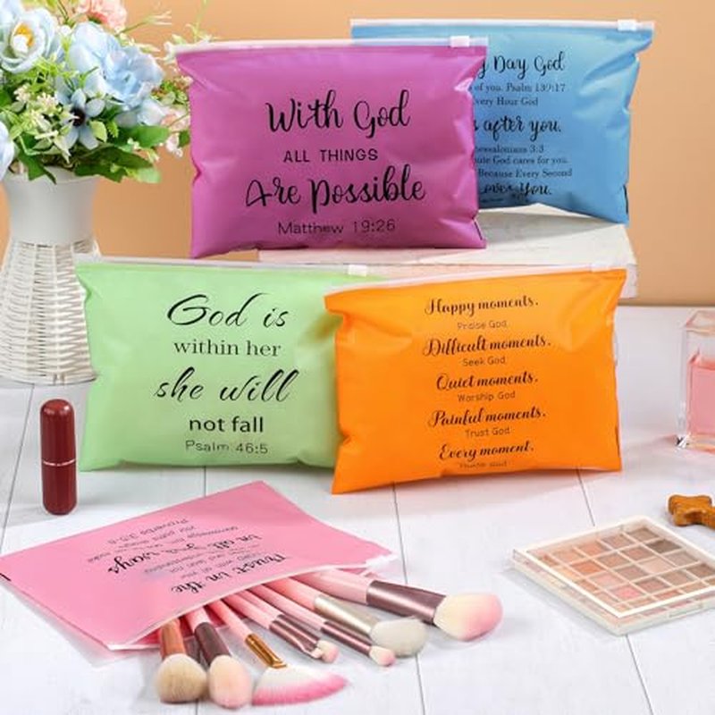 Kacctyen 100 Pcs Christian Gifts for Women Bulk Religious Bible Verse Makeup Cosmetic Bag Bulk Church Inspirational Gift Plastic Toiletry Bag Travel Purse for Mother's Day Teacher 8" x 6"