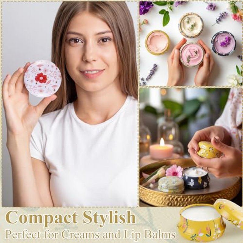 24 Pack Mini Tinplate Jars with Lids, 0.7oz / 20ml Reusable Round Small Floral Travel Tins Empty Lip Balm Containers for Salve, LED Candles, Salve, Eye Shadow, Powder(Classic Style)