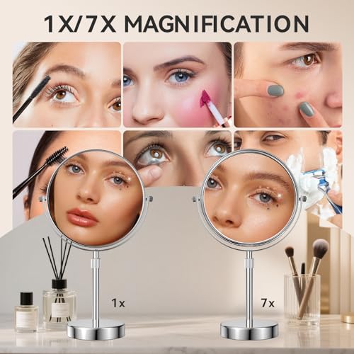Nicesail Adjustable 7X Magnified Tabletop Makeup Mirror - Chrome Finish, 15x9 Inches