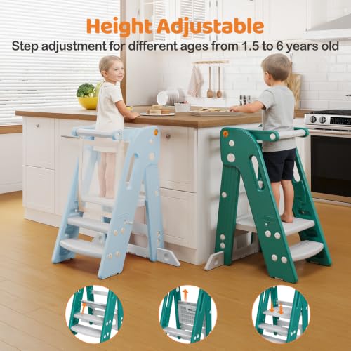 Toddler Standing Tower - Space-Saving, Adjustable Kitchen & Bathroom Step Stool - Green