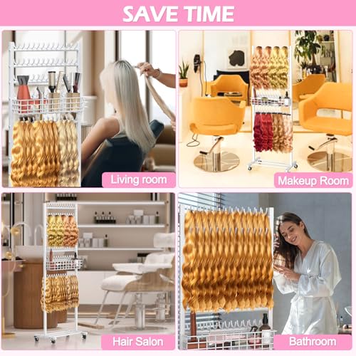 White 2-Sided Braiding Hair Rack with Wheels & Tray - Hair Extension Organizer