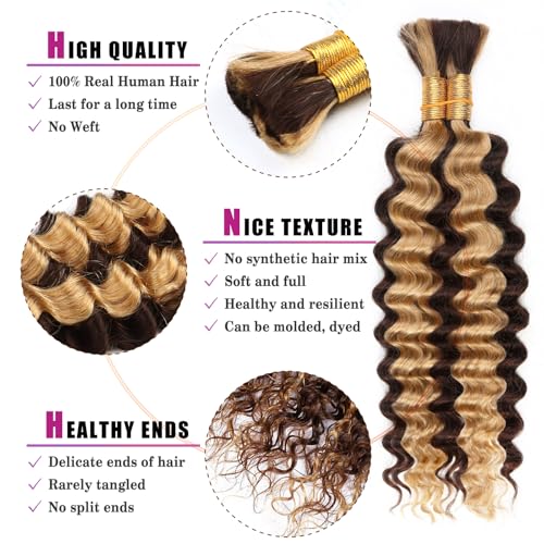 14 Inch Honey Blonde Human Braiding Hair Deep Wave Bulk No Weft Curly Extensions