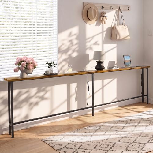 Rustic Brown 90-Inch Sofa Table with Built-In Power Strip and USB Ports