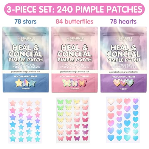Heal & Conceal Holographic Cute Pimple Patch Bundle (240 Count) Iridescent Star, Heart & Butterfly Shaped Hydrocolloid Acne Patches for Face, Fun Hydrocolloid Zit Stickers