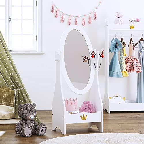 Kids Full Length Floor Mirror with Crown Design, Adjustable Angle & Storage