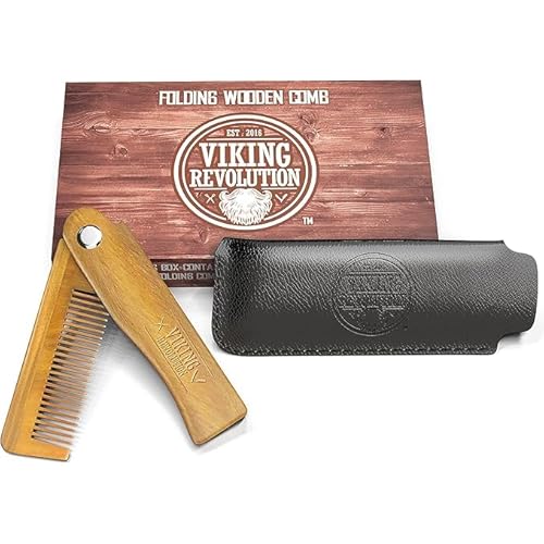 Folding Beard Comb w/Carrying Pouch for Men - All Natural Wooden Beard Comb w/Gift Box - Green Sandalwood Comb for Grooming & Combing Hair, Beards and Mustaches by Viking Revolution