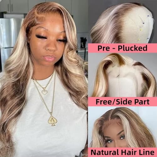 16 Inch Blonde Highlight Lace Front Human Hair Wig with HD Transparent Lace