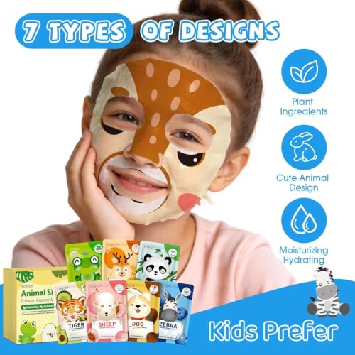 Kids Animal Face Masks Set - Hydrating & Moisturizing 56 Pack with 7 Characters - H-56 Pack