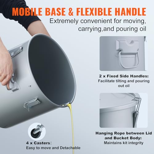 10 Gallon Fryer Grease Bucket - Silver Gray Oil Disposal Container with Filter & Lock Clips
