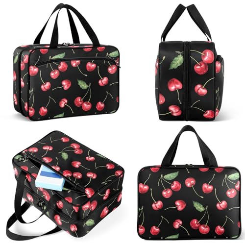 Large Travel Toiletry Bag for Women & Men, Hanging Organizer with Pockets, Black & Red Cherry