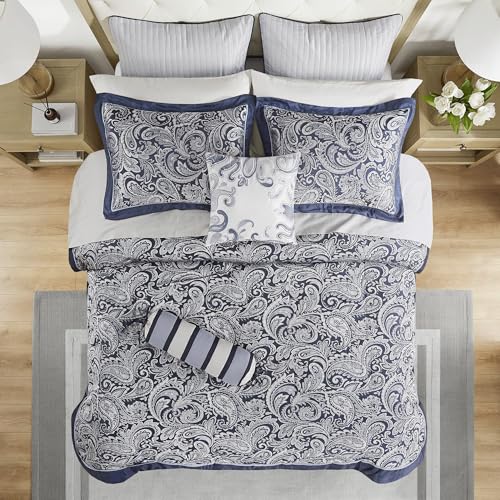 Navy Jacquard Comforter Set with Cotton Sheets - 12 Piece Queen, Variation of Navy Biab