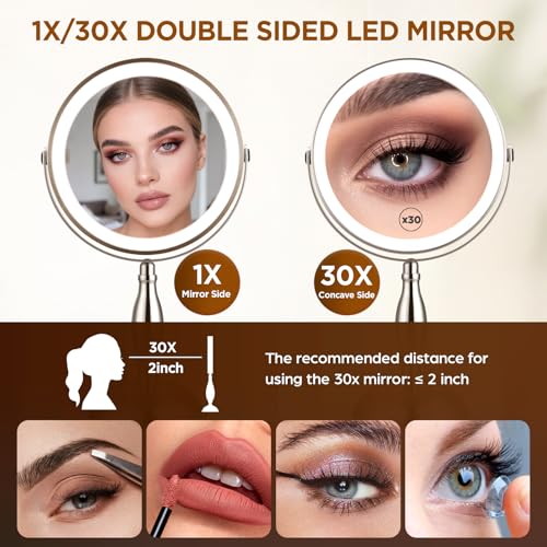 Makeup Mirror with Light, 30x Magnifying Mirror with 3 Lights Colors, 5000mAh Vanity Mirror Brushed Nickel - 360¡Æ Rotation, Brightness Adjustable Magnification, Modern Style Side Touch + Side Charge