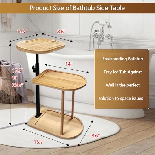 Natural Bamboo 3-Layer Bathtub Tray Table Height Adjustable Swivel Side Table