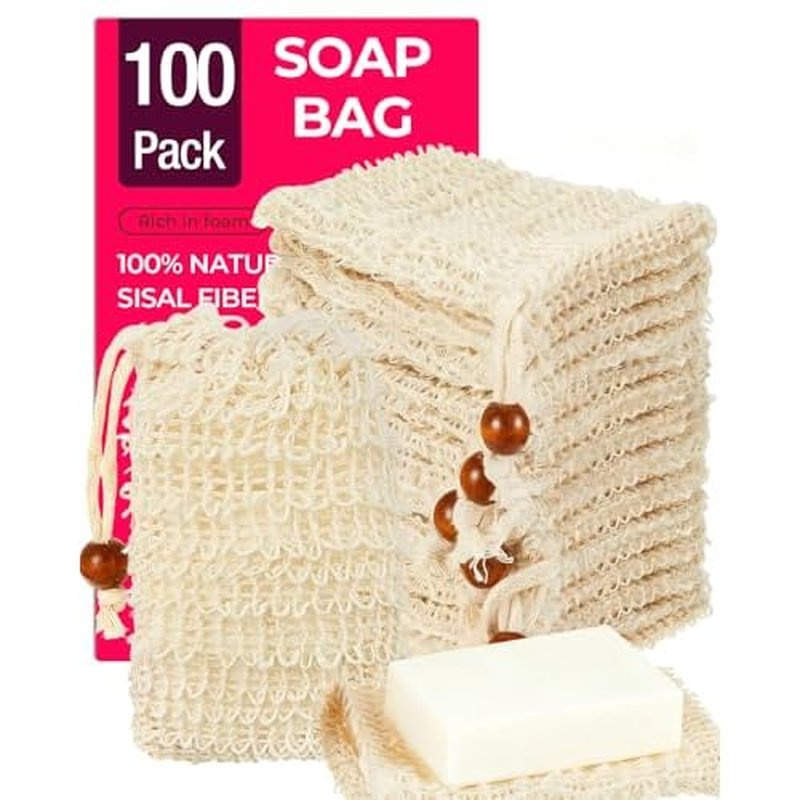 100 Pcs Soap Bags with Drawstring, 5.3'' x 3.7'' Natural Soap Savers for Bar Soap Exfoliating Sisal Mesh Soap Bags for Soap Bars, Scrubbing & Massaging Shower Pouches for Men & Women