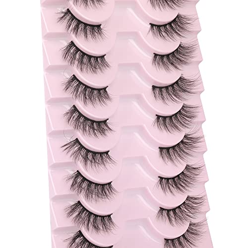 Lashes False Wispy Eyelashes Natural Volume Cat Eye Lash Strips Thick Fake Mink Eyelash Pack Natural Looking Fluffy Full Strip Lashes Set Clear Band Easy Eyelashes for Beginners