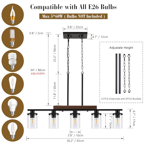 Black 36.2-Inch Farmhouse Kitchen Island Pendant Light - 5-Light Chandelier with Adjustable Height