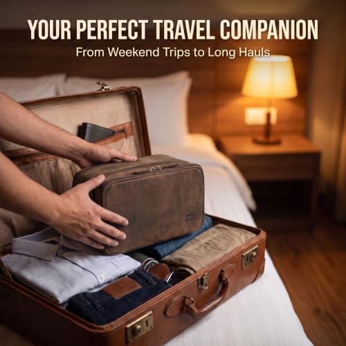 Leather Toiletry Dopp Kit Bag for Men & Women - Rustic Brown, 10in